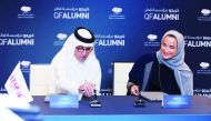 Chairperson and CEO of Qatar Foundation, H E Sheikha Hind bint Hamad Al Thani, and Qatar Airways Group Chief Executive, H E Akbar Al Baker, signing the agreement. 