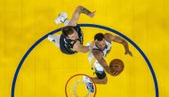 Golden State Warriors guard Stephen Curry (30) shoots the basketball against Dallas Mavericks guard Luka Doncic (77) during the second half in game two of the 2022 western conference finals at Chase Center. Mandatory Credit: Kyle Terada-USA TODAY Sports
