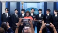 White House Press Secretary Karine Jean-Pierre introduces members of the K-Pop band BTS (not in order) Kim Taehyung, Kim Seokjin, Jeon Jeongguk, Kim Namjoon, Park Jimin, Jung Hoseok and Min Yoon-gi. Reuters/Leah Millis