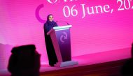 H E Sheikha Al Mayassa bint Hamad bin Khalifa Al Thani, Chairperson of Qatar Museums, speaking at the Qatar Creates press launch held at M7, Msheireb Downtown Doha, yesterday.