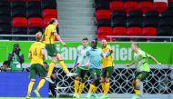 Australia’s Jackson Irvine celebrates scoring their first goal at Ahmad Bin Ali Stadium, yesterday. Pic: Mohammed Farag