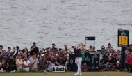 Norway's Viktor Hovland hits his tee shot on the 12th during the third round. (REUTERS/Russell Cheyne)