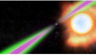 A spinning neutron star periodically swings its radio (green) and gamma-ray (magenta) beams past Earth in this artist's concept of a black widow pulsar. The pulsar heats the facing side of its stellar partner to temperatures twice as hot as the sun's surface and slowly evaporates it. (NASA/Goddard Space Flight Center/Handout via Reuters) 