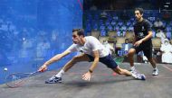 Egypt’s Ali Farag (left) in action against compatriot Tarek Momen during the 2021 QTerminals Qatar Classic.