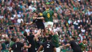 New Zealand's Samuel Whitelock and South Africa's Duane Vermeulen in action during a lineout REUTERS/Siphiwe Sibeko