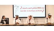 QU Director of Student Activities Abdullah Al Mulla (second from right) and Director of the Music Affairs Centre, Ministry of Sports and Culture Khaled Al Salem (right) with other officials at a press meet. 