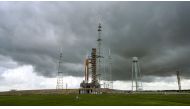 Storm clouds gather over NASA's next-generation moon rocket, the Space Launch System (SLS) rocket with its Orion crew capsule, at Cape Canaveral, Florida, U.S. August 26, 2022. Reuters /Steve Nesius