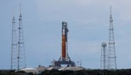 A view of NASA's next-generation moon rocket, the Space Launch System (SLS) rocket with its Orion crew capsule perched on top, as it stands on launch pad 39B in preparation for the unmanned Artemis 1 mission at Cape Canaveral, Florida, US, August 28, 2022. (REUTERS/Joe Skipper)