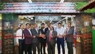 President of Indian Cultural Centre P N Baburajan, Chairman of Safari Group  Aboobackar Madappat, Managing Director of Safari Group, Shaheen Backer and other management representatives inaugurate the Onam promotions at Safari Mall, Abu Hamour.