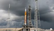 NASA's next-generation moon rocket, the Space Launch System (SLS) with the Orion crew capsule perched on top, stands on launch complex 39B as rain clouds move into the area before its rescheduled debut test launch for the Artemis 1 mission at Cape Canaveral, Florida, US, September 2, 2022. (REUTERS/Joe Skipper)