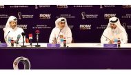 From left: Nasser Al Khater, CEO, FIFA World Cup Qatar 2022 LLC, Eng. Yasir Al Jamal, Director General, Supreme Committee for Delivery & Legacy, and Col Jassim Abdulrahim Al Sayed of Safety & Security Operations Committee during a press conference at Lusail Stadium, yesterday.