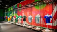 Jerseys on display at World of Football exhibition. The star of the exhibition is Maradona’s ‘Hand of God’ shirt (first right), among others featured is Beckham’s shirt (second to right).