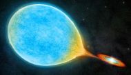 An artist's illustration shows a white dwarf and larger, sun-like star forming a 