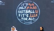 Khalifa Al Kubaisi, Director of Media at Qatar Foundation, and Mashal Shahbik, Director of Events and Protocol, during the launch of ‘It’s Only Football if it’s For All’ campaign. 