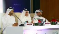 From left: Chief Executive Officer of FIFA World Cup Qatar 2022 Nasser Al Khater, Qatar Airways Group Chief Executive and Qatar Tourism Chairman H E Akbar Al Baker, and MATAR Chief Operating Officer Engr. Badr Al Meer during a press conference announcing the entertainment events yesterday.  Pic: Mohamed Farg