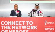 Sheikh Nasser bin Hamad bin Nasser Al Thani (right), Chief Commercial Officer at Ooredoo with Colin Smith, FIFA Chief Operating Officer World Cup, during the press conference, yesterday.