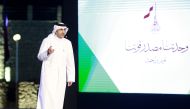 Minister of Culture H E Sheikh Abdulrahman bin Hamad Al Thani speaking at a ceremony to unveil Qatar National Day 2022 slogan yesterday. PIC: Rajan Vadakkemuriyil