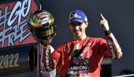 Ducati Lenovo's Francesco Bagnaia celebrates after winning the world championship at the Valencia Grand Prix at Circuit Ricardo Tormo, Valencia, Spain, on November 6, 2022. 
REUTERS/Pablo Morano