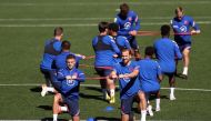 England’s Kieran Trippier and Harry Kane with team-mates during a training session recently. Reuters