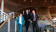 Britain's Prince William, Prince of Wales, walks with Senedd members Elin Jones (left) and David Rees during a visit to the Senedd, the Welsh Parliament, in Cardiff, Wales, Britain on November 16, 2022. Geoff Caddick/Pool via REUTERS