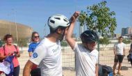 Mehdi Balamissa and Gabriel Martin at the Lusail QNB metro station cycling track on Thursday.