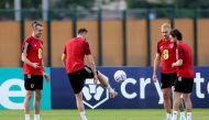 Wales’ Gareth Bale, Joe Allen and Aaron Ramsey during a training session at Al Sadd SC, yesterday. REUTERS