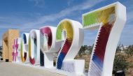 COP27 sign is seen at the Green Zone at the UN climate summit in Red Sea resort of Sharm el-Sheikh, Egypt, November 17, 2022. REUTERS/Emilie Madi