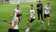 Poland's Grzegorz Krychowiak and Matty Cash in action during their FIFA World Cup Qatar 2022 training at Al Kharaitiyat SC Training Facilities in Umm Salal, Qatar, on November 18, 2022.  REUTERS/Ibraheem Al Omari
