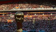 November 21, 2022 General view of a FIFA World Cup giant replica trophy on the pitch before the match REUTERS/Hannah Mckay 