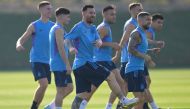 Argentina’s Lionel Messi trains with team-mates at the Qatar University Training Site, yesterday. AFP