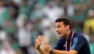 Argentina's coach Lionel Scaloni gestures during the Qatar 2022 World Cup Group C match between Argentina and Saudi Arabia at the Lusail Stadium in Lusail, north of Doha, on November 22, 2022. (AFP/JUAN Mabromata)