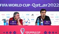 Costa Rica's Colombian coach Luis Suarez (L) and midfielder Bryan Ruiz give a press conference at the Qatar National Convention Centre (QNCC) in Doha on November 22, 2022, during the Qatar 2022 World Cup football tournament. (Photo by Raul ARBOLEDA / AFP)