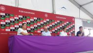 Jesper Moller, chairman of the Danish FA Chairman, CEO of DBU Jakob Jensen and Peter Moller during a press conference at the Al Sailiya SC 2, Al Rayyan, Qatar, on November 23, 2022.  REUTERS/Philip O'Connor