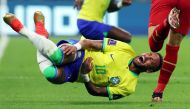 Brazil's Neymar reacts after a challenge from Serbia'a Sasa Lukic Qatar 2022 World Cup Group G football match between Brazil and Serbia at the Lusail Stadium in Lusail, north of Doha, on November 24, 2022. (REUTERS/Amanda Perobelli)