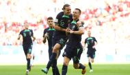 Australia's Mitchell Duke celebrates scoring their first goal with Jackson Irvine REUTERS/Hannah Mckay