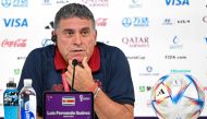 Costa Rica's Colombian coach Luis Fernando Suarez speaks during a press conference at the Qatar National Convention Center (QNCC) in Doha on November 26, 2022, on the eve of the Qatar 2022 World Cup football match between Japan and Costa Rica. (Photo by Raul ARBOLEDA / AFP)
