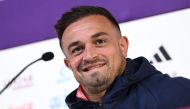 Switzerland's midfielder #23 Xherdan Shaqiri addresses a press conference at the Qatar National Convention Center (QNCC) in Doha on November 27, 2022, on the eve of the Qatar 2022 World Cup football match between Brazil and Switzerland. (Photo by FABRICE COFFRINI / AFP)