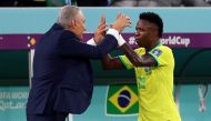 Brazil coach Tite with Vinicius Junior during the Qatar 2022 World Cup Group G football match between Brazil and Switzerland at Stadium 974 on November 28, 2022. (Reuters/Pedro Nunes)