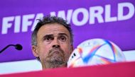 Spain's coach Luis Enrique attends a press conference at the Qatar National Convention Center (QNCC) in Doha on November 30, 2022. (AFP/Javier Soriano)