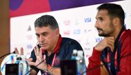 Costa Rica's Colombian coach Luis Suarez and Costa Rica's midfielder Celso Borges attend a press conference at the Qatar National Convention Center (QNCC) in Doha on November 30, 2022, on the eve of the Qatar 2022 World Cup football match between Costa Rica and Germany. (Photo by Raul ARBOLEDA / AFP)
 