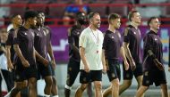 Germany coach Hansi Flick and players during a training session.