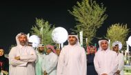 Minister of Environment and Climate Change H E Sheikh Dr. Faleh bin Nasser bin Ahmed bin Ali Al Thani and Minister of Culture H E Sheikh Abdulrahman bin Hamad Al Thani with other officials during their visit to Darb Al Saai yesterday.