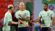 Brazil's Richarlison, Antony and Bremer during training at the Al Arabi SC Stadium, Doha, Qatar, on December 1, 2022.  REUTERS/Amanda Perobelli