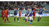 Japan's Ao Tanaka celebrates scoring their second goal with teammates during the Qatar World Cup final Group E match between Japan and Spain at Khalifa International Stadium on December 1, 2022. (REUTERS/Dylan Martinez)