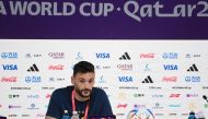 France's goalkeeper Hugo Lloris attends a press conference at the Qatar National Convention Center (QNCC) in Doha on December 3, 2022. (Photo by FRANCK FIFE / AFP)