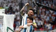 Argentina's Julian Alvarez celebrates scoring their second goal with Lionel Messi during the FIFA World Cup Qatar 2022 round of 16 match against Australia at the Ahmad bin Ali Stadium, Al Rayyan, Qatar, on December 3, 2022. Reuters/Pedro Nunes