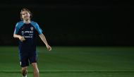 Croatia's midfielder #10 Luka Modric takes part in a training session with teammates at the team's Al Erssal training camp in Doha on December 3, 2022, during the Qatar 2022 World Cup football tournament. (Photo by OZAN KOSE / AFP)