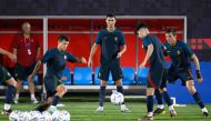 Portugal's Cristiano Ronaldo (centre) and his teammates take part in a training session at the Al Shahaniya SC training site, yesterday. AFP