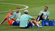 Brazil's Fabinho, Everton Ribeiro and Rodrygo during training at the Al Arabi SC Stadium, Doha, Qatar, on December 6, 2022.  REUTERS/Ibraheem Al Omari
 