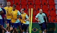 Brazil's Neymar and Antony during a FIFA World Cup Qatar 2022 training at the  Al Arabi SC Stadium, Doha, Qatar, on December 8, 2022. REUTERS/Lee Smith
 